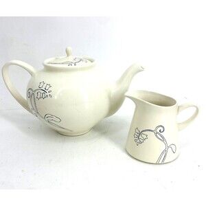 Vintage IKEA Odmjuk Teapot And Creamer Set Bone White With Navy Floral Design